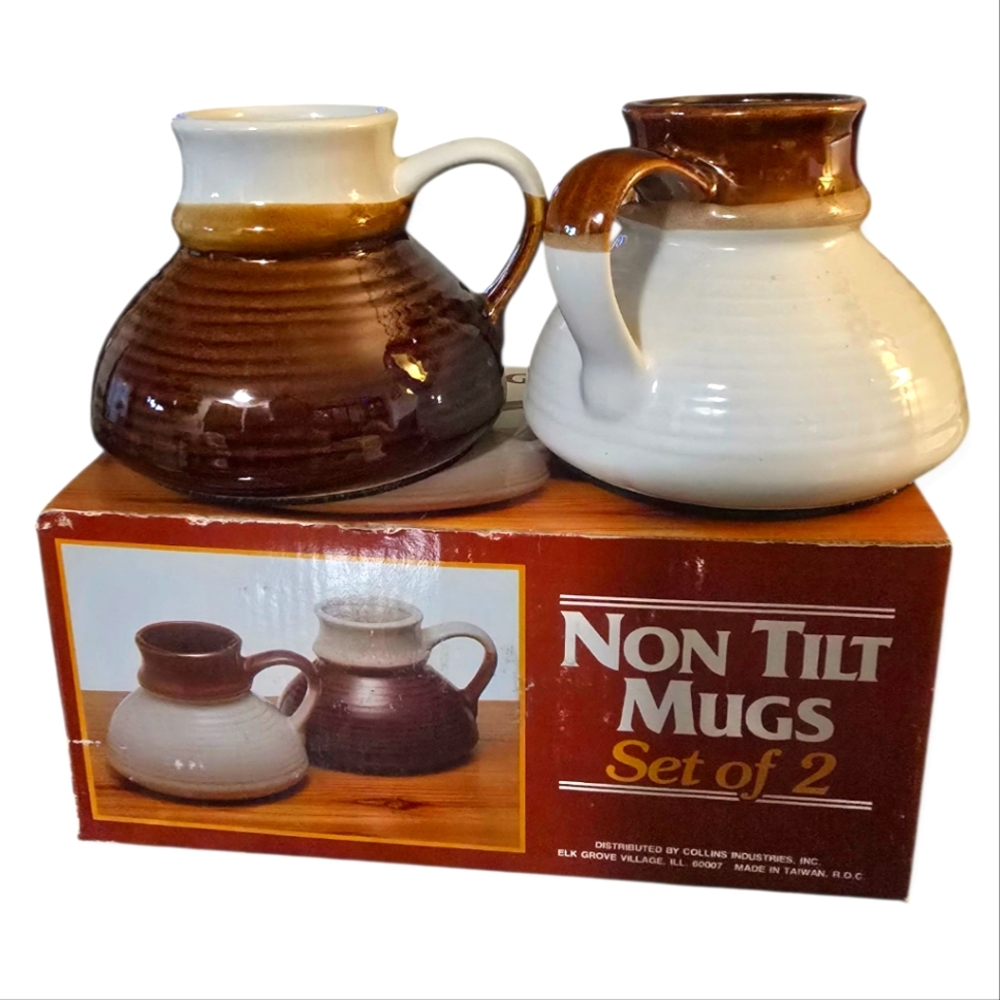 Non Tilt Mugs Set Of 2- Brown and Cream New In Original Box